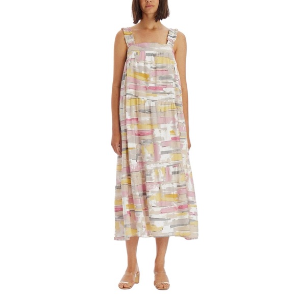 Moon River Abstract Tiered Maxi Dress Medium NWT Pink Yellow Boho Garden Party